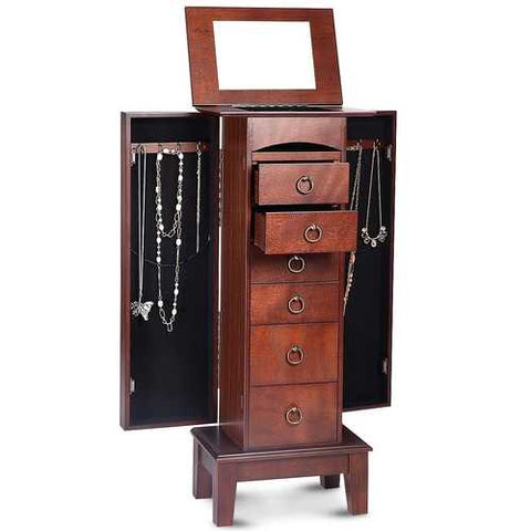 Image of Medium Brown Wood Jewlery Armoire Storage Chest Cabinet with Mirror