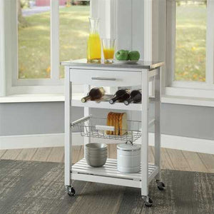 Stainless Steel Top White Wood Kitchen Island Storage Cart