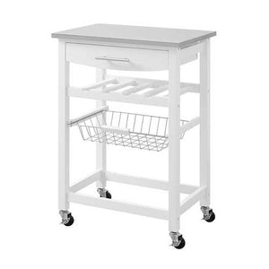 Stainless Steel Top White Wood Kitchen Island Storage Cart