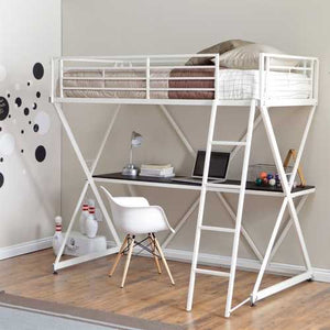 Modern Twin size Bunk Bed Loft with Desk in White Metal Finish