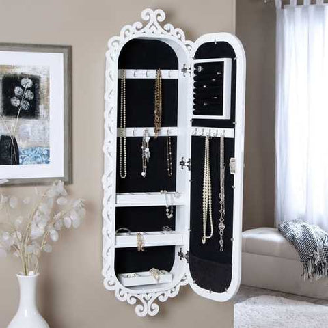 Image of Wall Mounted Jewelry Cabinet Mirror Armoire with Gloss White Scrolling Border