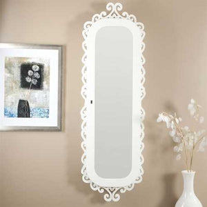 Wall Mounted Jewelry Cabinet Mirror Armoire with Gloss White Scrolling Border