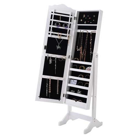 Image of Locking White Wood Jewelry Armoire Cabinet Floor Mirror