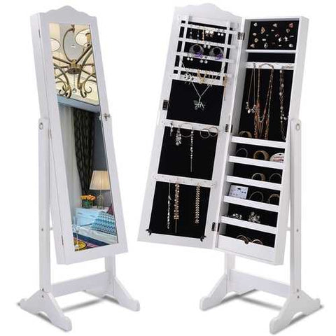 Image of Locking White Wood Jewelry Armoire Cabinet Floor Mirror