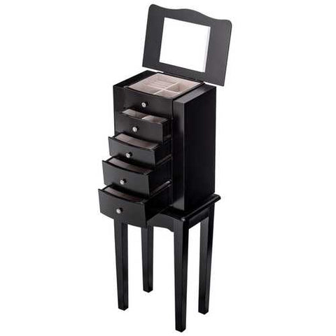 Image of Black Wood 5-Drawer Jewelry Chest Storage Chest Cabinet with Mirror