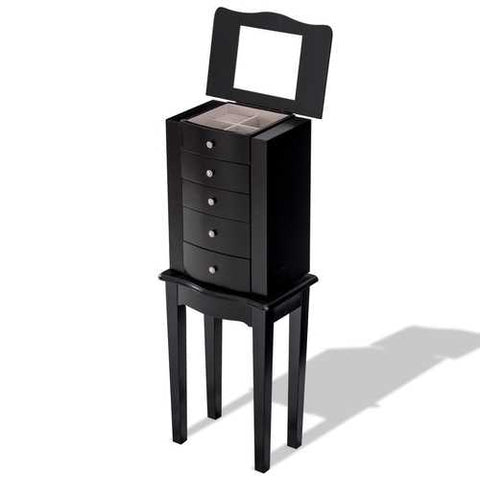 Image of Black Wood 5-Drawer Jewelry Chest Storage Chest Cabinet with Mirror