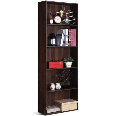 Image of Modern 5-Tier Bookcase Storage Shelf in Brown Walnut Wood Finish