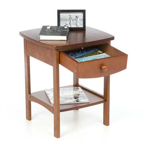 Image of Walnut Wood Finish 1-Drawer Bedroom Nightstand Bedside Table