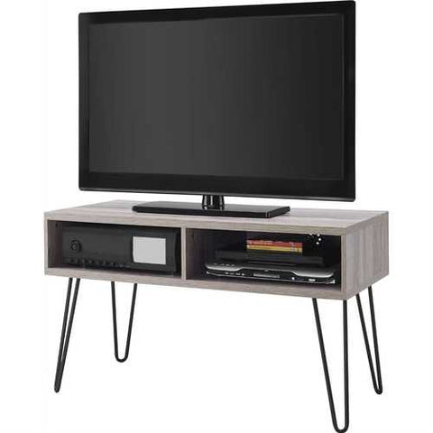 Image of Modern TV Stand in Oak Finish with Mid-Century Style Metal Legs