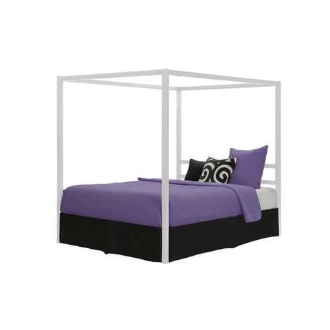 Image of Queen size Modern White Metal Canopy Bed - No Box-Springs Required