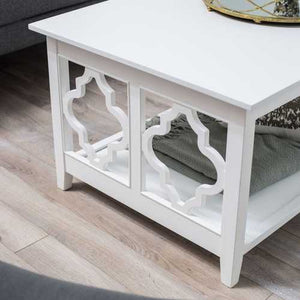 White Quatrefoil Coffee Table with Solid Birch Wood Frame