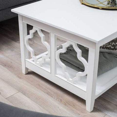 Image of White Quatrefoil Coffee Table with Solid Birch Wood Frame