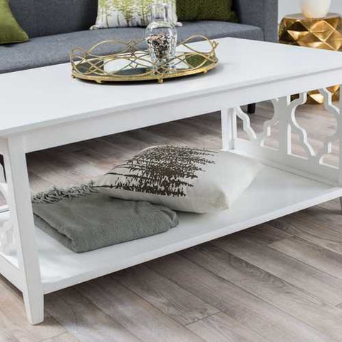 Image of White Quatrefoil Coffee Table with Solid Birch Wood Frame