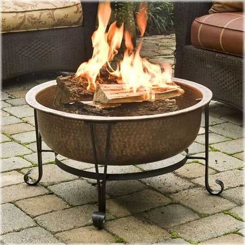 Image of Hammered Copper Fire Pit with Heavy Duty Spark Guard Cover and Stand