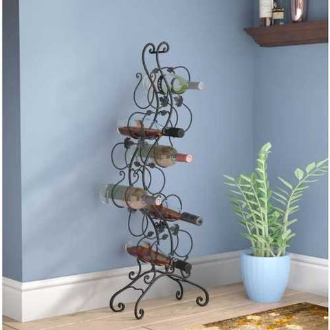 Image of Wrought Iron 12-Bottle Wine Rack with Grape Leaves Vines Design