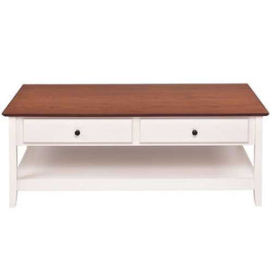 White Wood Coffee Table with 2 Storage Drawers and Bottom Shelf