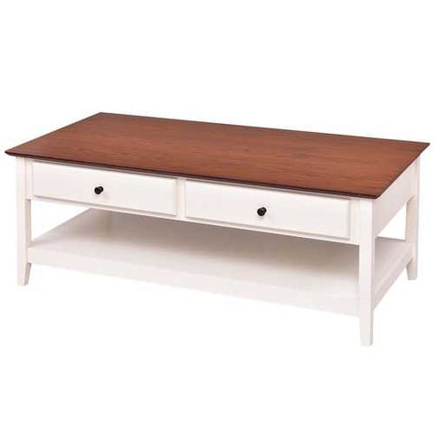 Image of White Wood Coffee Table with 2 Storage Drawers and Bottom Shelf