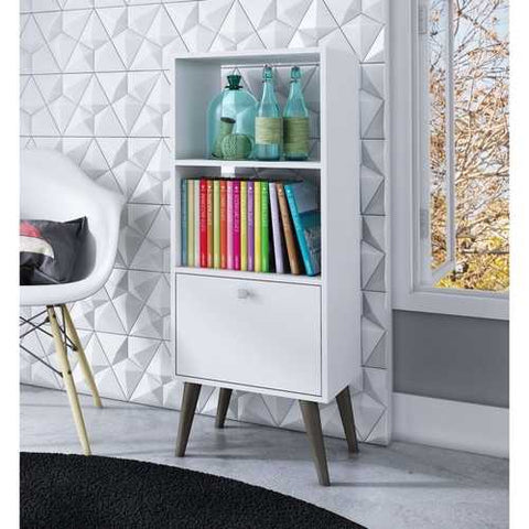 Image of White Mid-Century Modern Style Bookcase with Storage Drawer