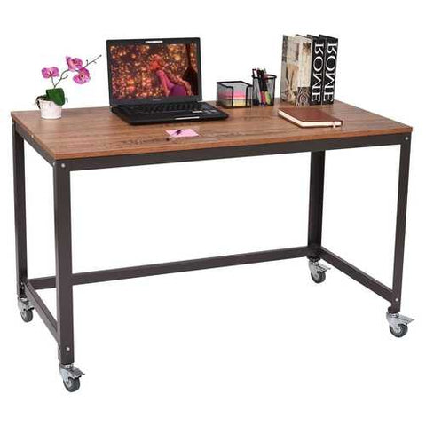 Image of Industrial Modern Steel Frame Wood Top Computer Desk with Locking Wheels