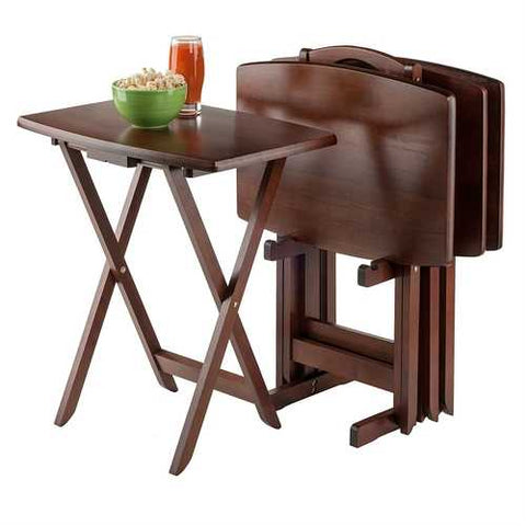 Image of Set of 4 TV Tray Coffee Tables with Storage Rack in Walnut Wood Finish