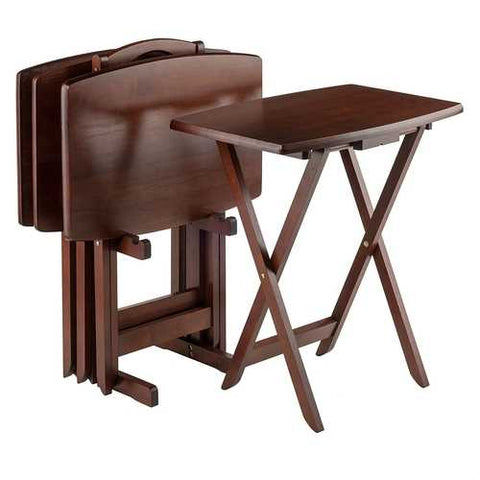 Image of Set of 4 TV Tray Coffee Tables with Storage Rack in Walnut Wood Finish