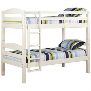 White Wood Twin over Twin Bunk Bed with Ladder and Guardrail