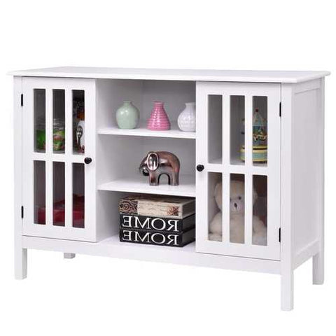 Image of White Wood 43-inch TV Stand with Glass Panel Doors