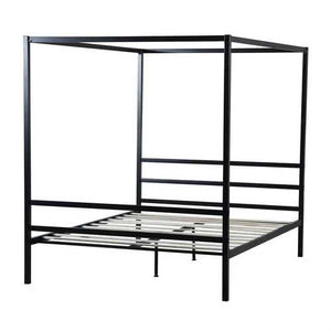 Queen size Heavy Duty Black Metal Canopy Bed Frame with Wood Slats