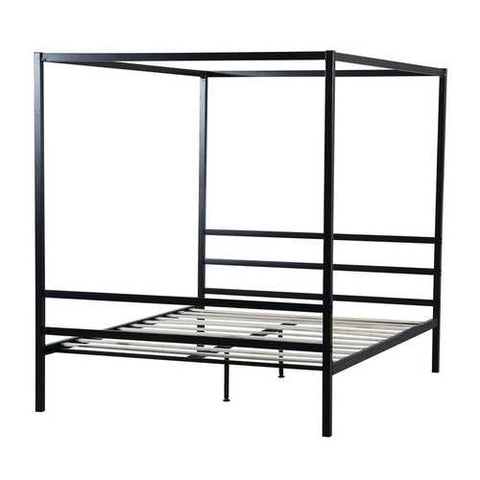 Image of Queen size Heavy Duty Black Metal Canopy Bed Frame with Wood Slats