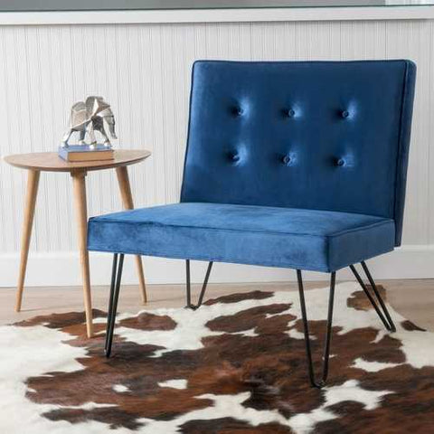 Image of Navy Velvety Soft Upholstered Polyester Accent Chair Black Metal Legs