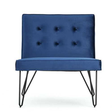 Image of Navy Velvety Soft Upholstered Polyester Accent Chair Black Metal Legs