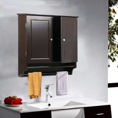 Image of Espresso 2-Door Bathroom Wall Cabinet Cupboard with Towel Bar