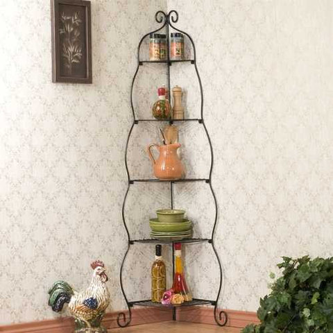 Image of Corner Bakers Rack 5-Tier Shelves with Decorative Metal Scrollwork