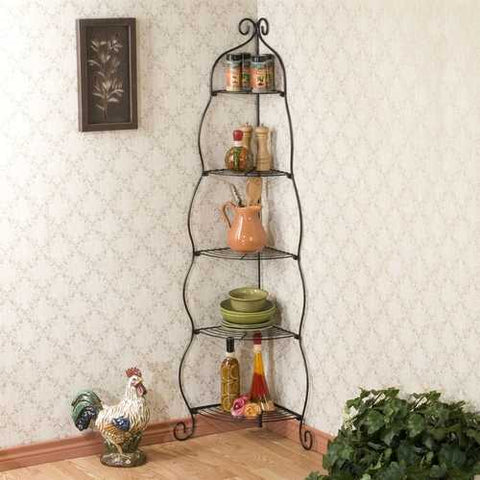 Image of Corner Bakers Rack 5-Tier Shelves with Decorative Metal Scrollwork