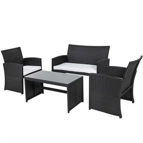 Image of Black Resin Wicker 4-Piece Outdoor Patio Furniture Set with White Padded Seat Cushions