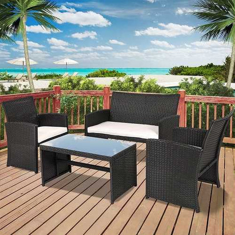 Image of Black Resin Wicker 4-Piece Outdoor Patio Furniture Set with White Padded Seat Cushions