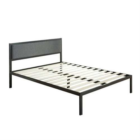 Image of Full size Metal Platform Bed Frame with Wood Slats and Upholstered Headboard