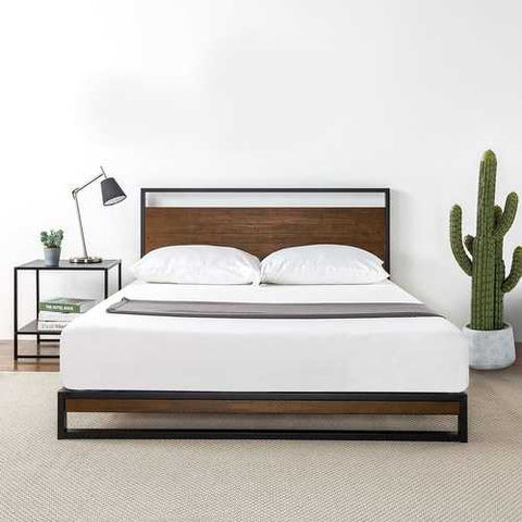 Image of Full size Metal Wood Platform Bed Frame with Headboard