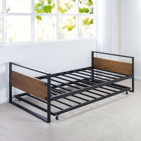 Image of Twin size Metal Wood Daybed Frame with Roll Out Trundle Bed