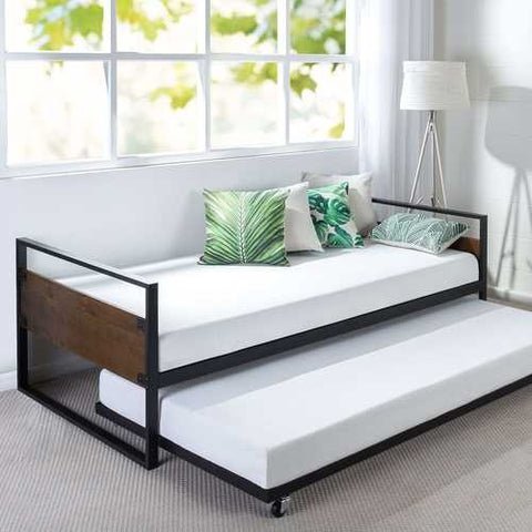 Image of Twin size Metal Wood Daybed Frame with Roll Out Trundle Bed