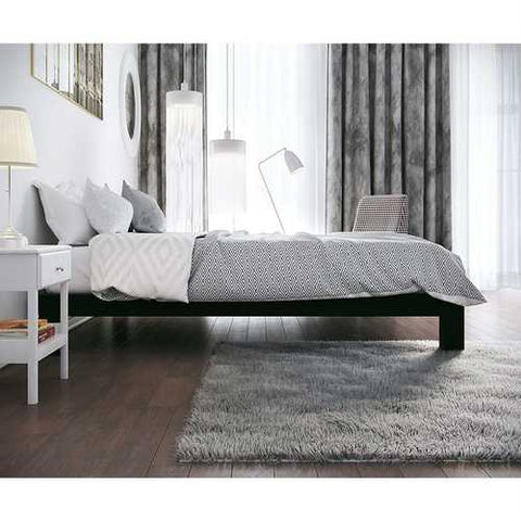 Image of Queen Modern Black Metal Platform Bed Frame with Wood Slats