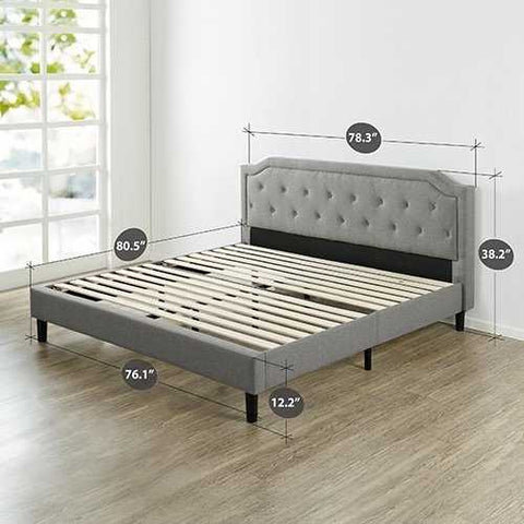 Image of King size Grey Upholstered Platform Bed with Classic Button Tufted Headboard