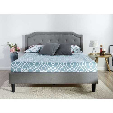 Image of King size Grey Upholstered Platform Bed with Classic Button Tufted Headboard